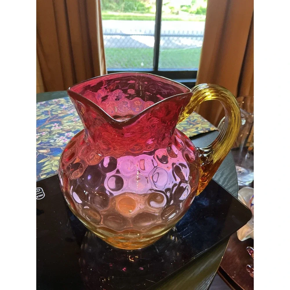 1880s Hobbs, Brockunier & Co. Amberina Glass Pitcher Inverted thumbprint pattern